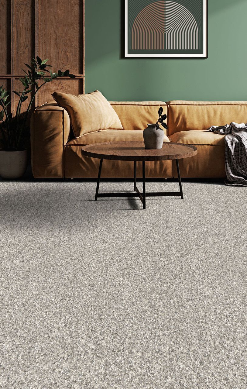 Living room with tan couch, green wall, round coffee table, and speckled light gray carpet.