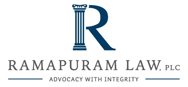 Logo for Ramapuram Law, a legal firm. Features a blue "R" with a column and text "Advocacy With Integrity."