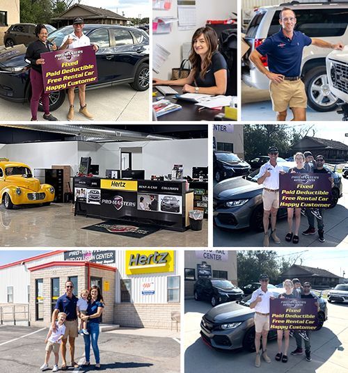 Collage of Hertz rental car photos; people posing with vehicles and at counters.
