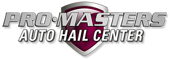 Logo for Pro-Masters Auto Hail Center: Silver text over a burgundy shield with a silver border.
