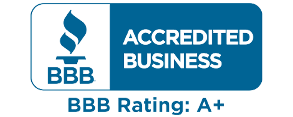 A blue and white logo that says accredited business bbb rating : a +