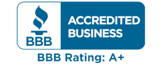 A blue and white logo that says accredited business bbb rating : a +