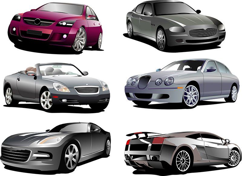 A collection of different types of cars on a white background