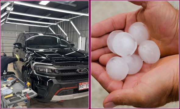 Black SUV in a shop, likely for detailing, next to a person's hand holding hailstones.