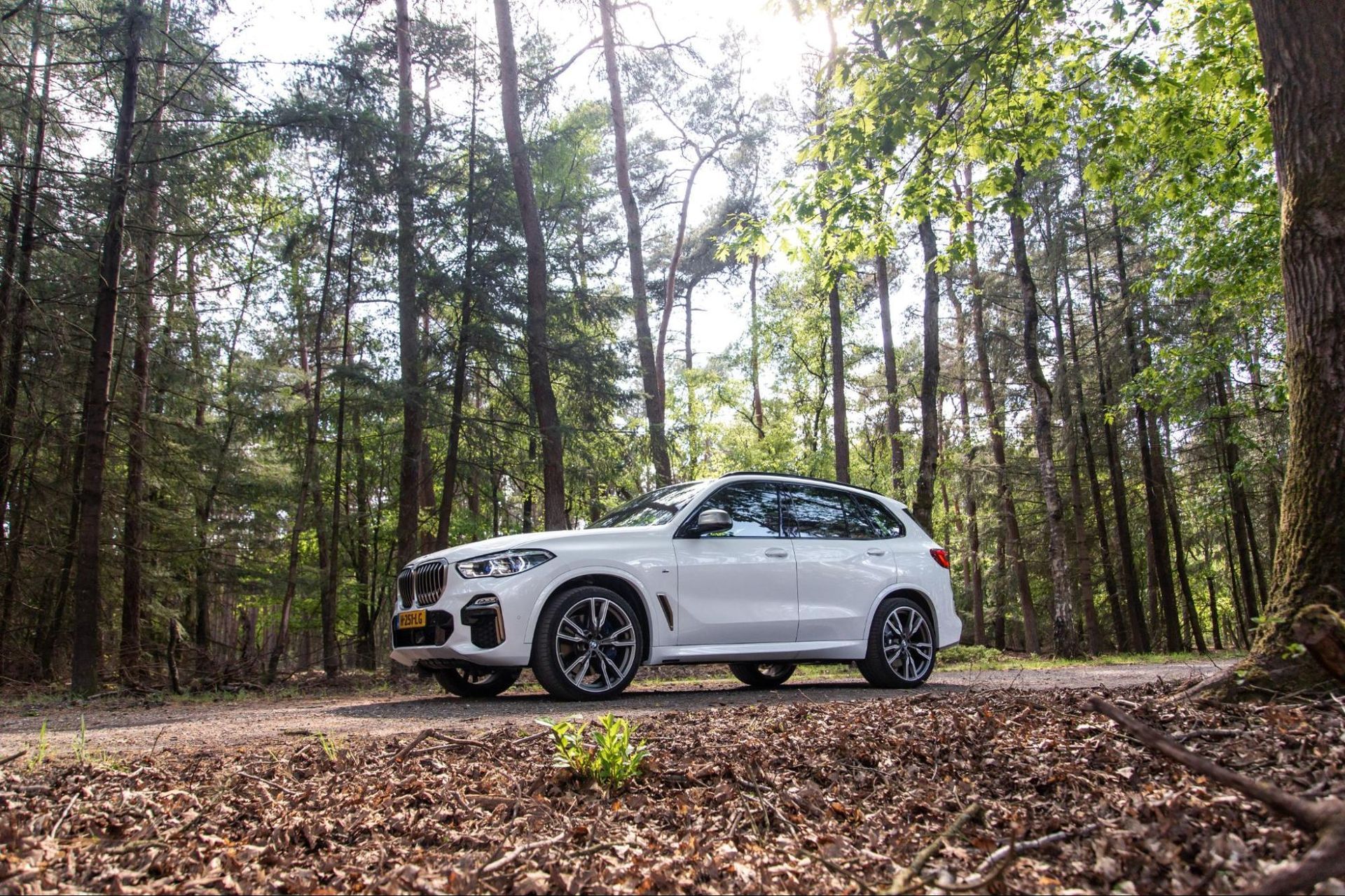A white bmw x5 is parked on the side of a road in the woods.