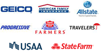 The logos for geico american family insurance progressive farmers and allstate