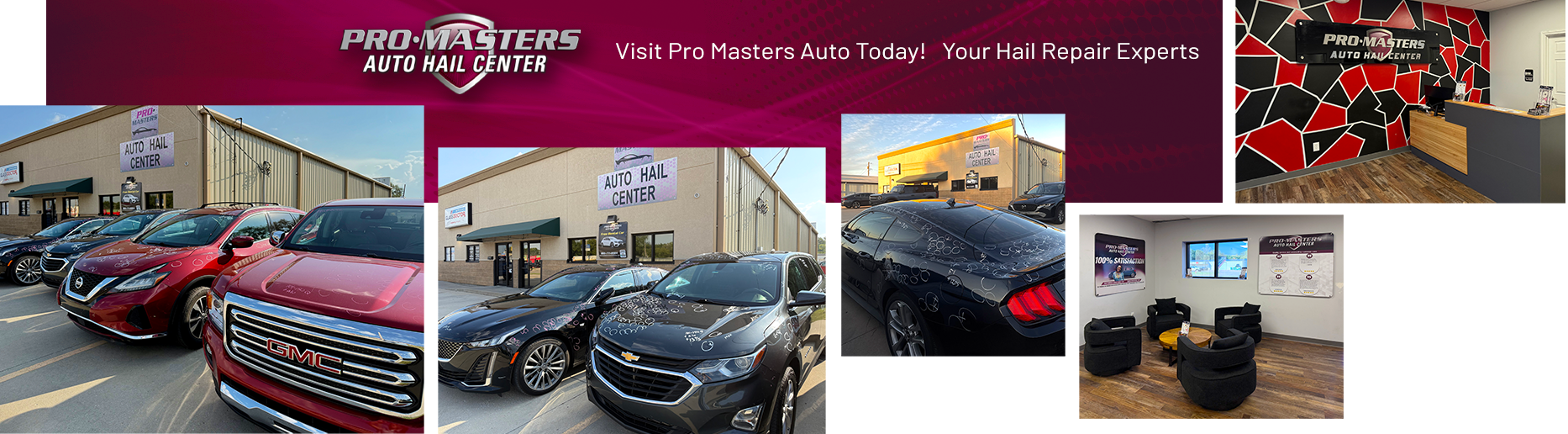 Cars parked outside a building, interior shots showing a waiting room and lounge area, and a dark pink banner at the top.
