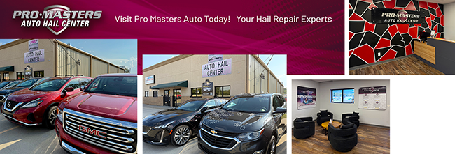 Cars parked outside a building, interior shots showing a waiting room and lounge area, and a dark pink banner at the top.