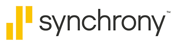 A black and yellow logo for synchrony on a white background