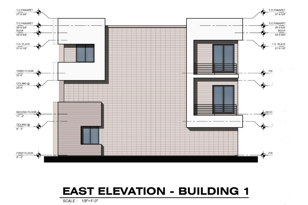 A drawing of the east elevation of a building