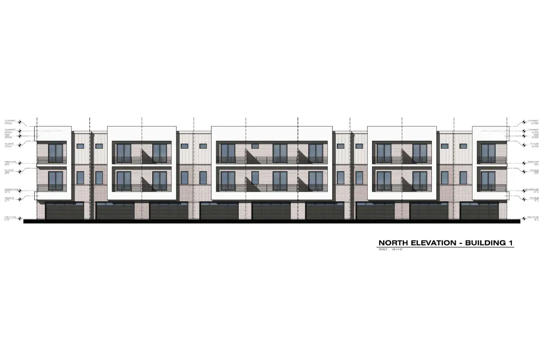 A drawing of a building with a lot of windows on a white background.