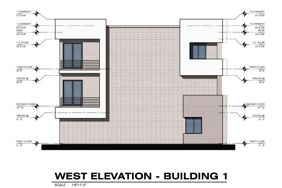 A drawing of the west elevation of a building