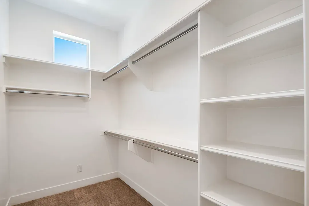 An empty walk in closet with white shelves and a window.