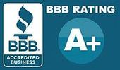 A bbb rating a+ accredited business logo on a blue background.