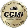 A certified commercial mold inspector seal with a building on it.