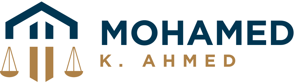Logo for Mohamed K. Ahmed with a blue house icon and gold scales above the name.