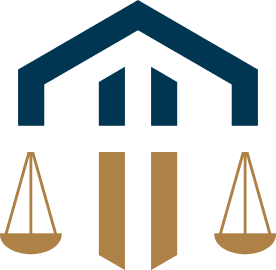 Stylized blue roof, gold scales, and pillars forming a law and justice logo