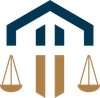 Blue house roof over gold legal scales and pillars logo