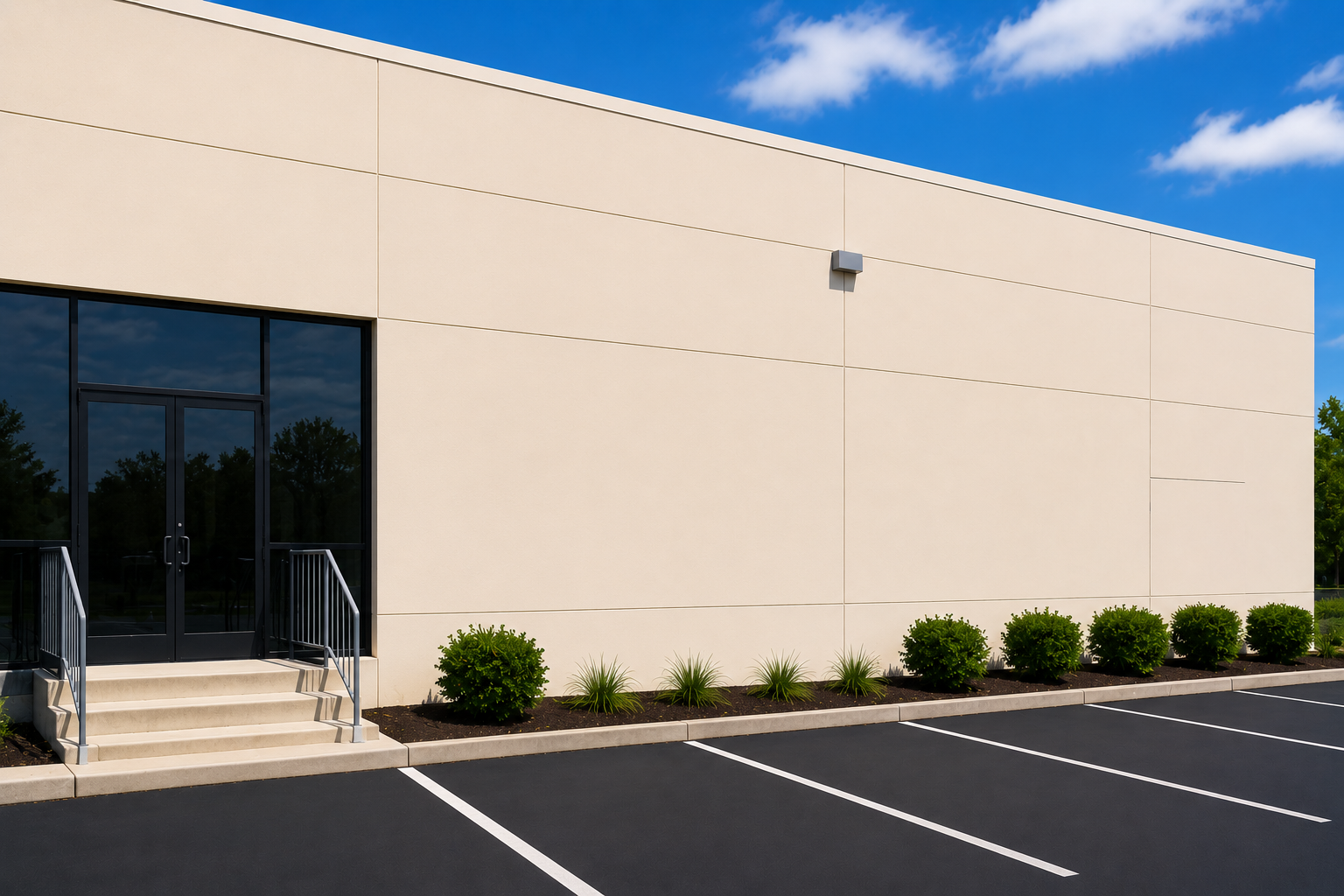 Exterior of a beige commercial building with glass entrance, steps, shrubs, and empty parking spaces