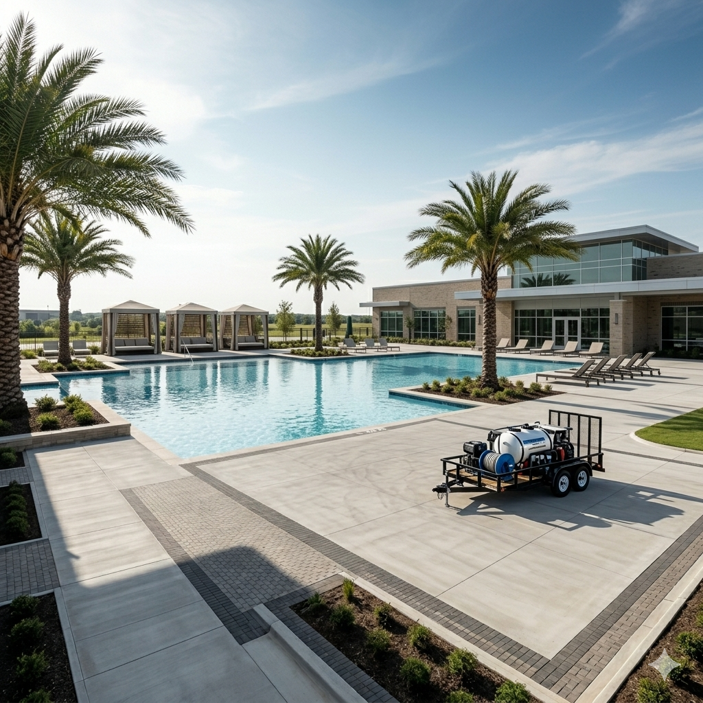 Luxury resort pool with palm trees, lounge chairs, and a blue golf cart on the deck