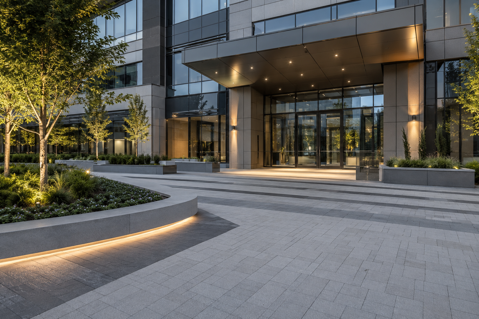 Modern building entrance with glass doors, stone steps, and landscaped planters at dusk