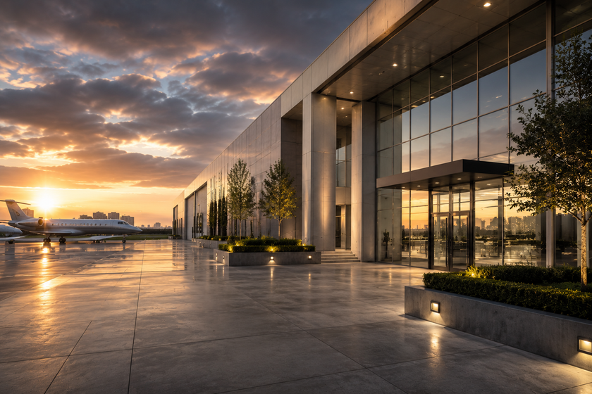 Modern building entrance at sunset with glass facade, reflective pavement, and landscaped planters