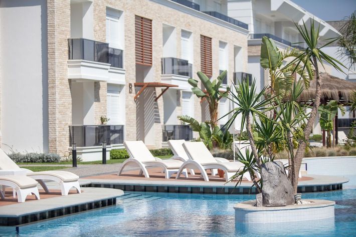Resort pool with white lounge chairs, palm trees, and a modern hotel building in the background