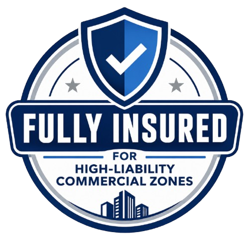 Blue and white “Fully Insured” shield badge for high-liability commercial zones