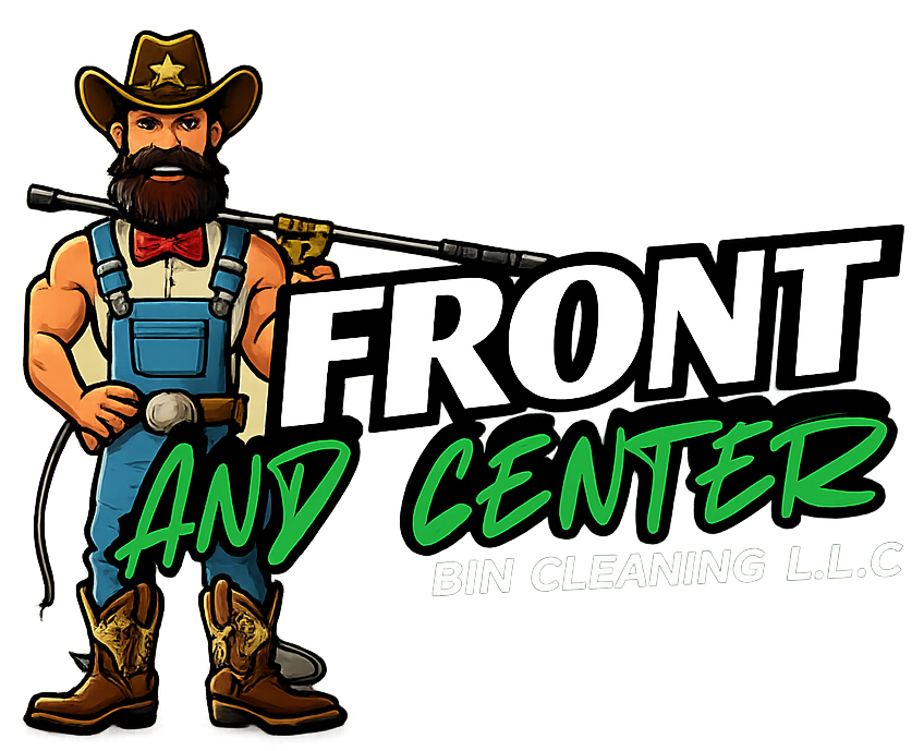 Logo of a cartoon farmer holding a rifle, with “FRONT AND CENTER” text in bold black and green