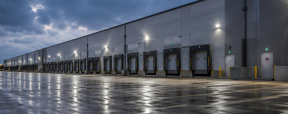 Long warehouse loading dock with row of truck bays on a wet, reflective pavement at dusk
