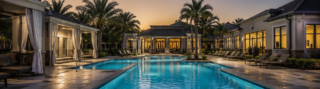 Luxury resort pool at sunset, flanked by palm trees and villa-style buildings, with glowing lights reflecting on water