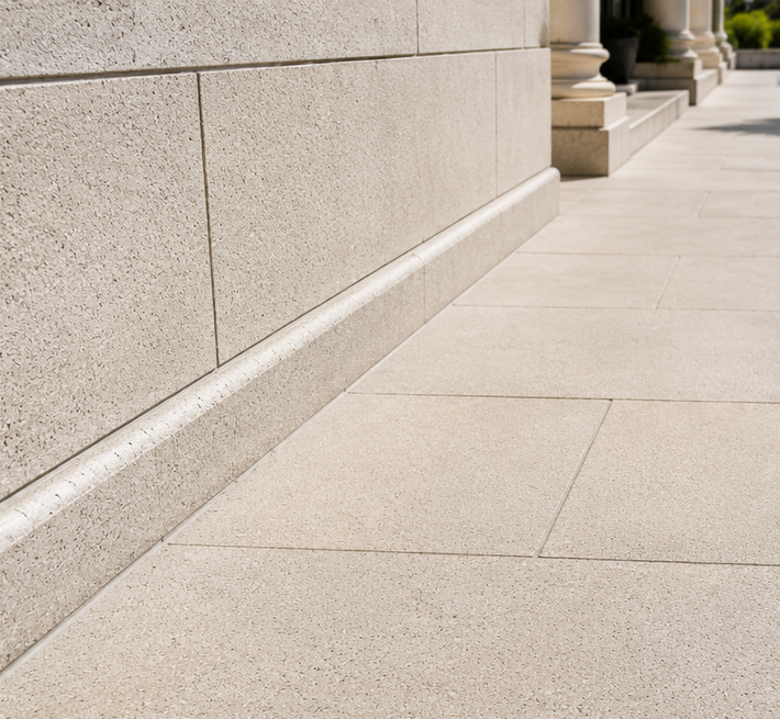 Stone building wall with a sloped curb beside a light-colored paved walkway