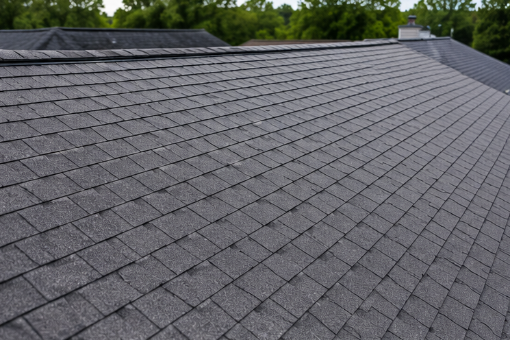 Gray shingled roof with trees and blue sky in the background