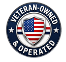 Veteran-owned and operated badge with shield, stars, and American flag in navy and silver