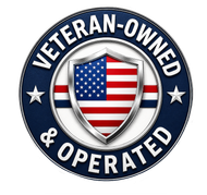 Veteran-owned and operated badge with shield, stars, and American flag in navy and silver