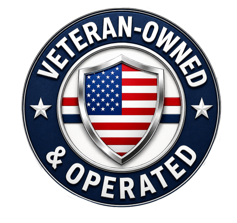 Veteran-owned and operated badge with shield, stars, and American flag in navy and silver