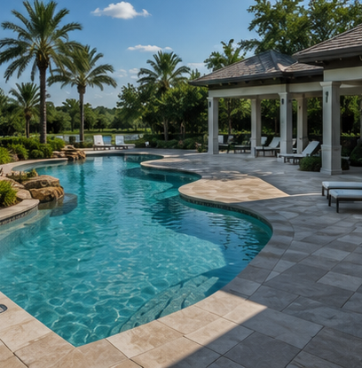 Luxury backyard pool with curved turquoise water, stone patio, palm trees, and a covered lounge pavilion