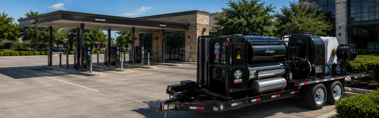 Black flatbed truck carrying equipment parked beside a covered building entrance with trees and shrubs nearby