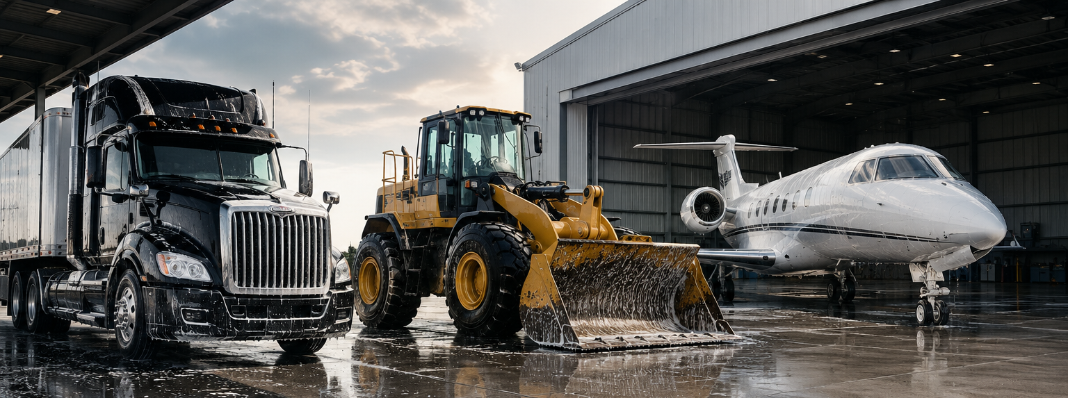 Truck, front loader, and private jet parked outside an industrial hangar on a wet tarmac
