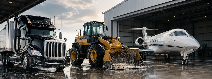 Truck, front loader, and private jet parked outside an industrial hangar on a wet tarmac
