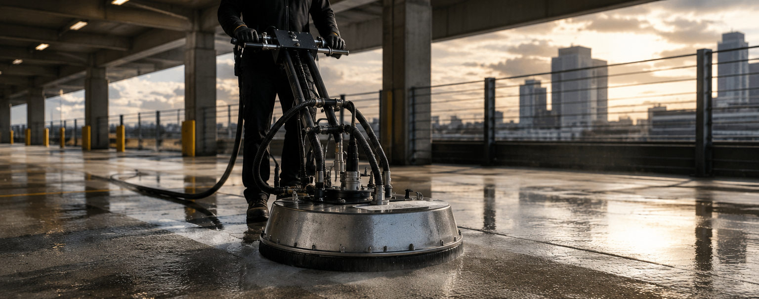 Pressure-washing machine cleaning a wet concrete floor in an industrial underpass at sunset