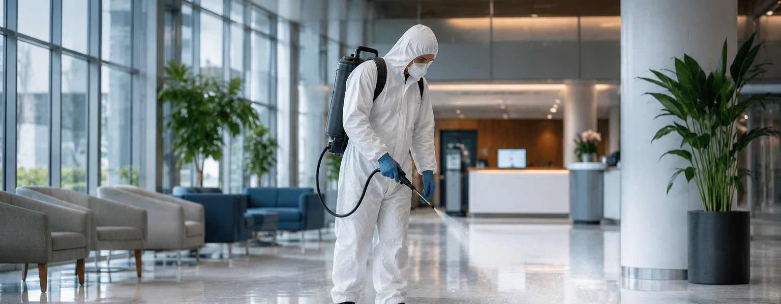 Worker in white hazmat suit disinfects a modern office lobby floor