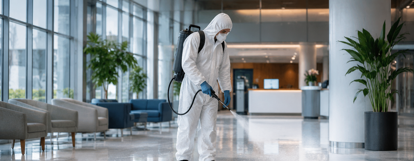 Worker in white hazmat suit disinfects a modern office lobby floor