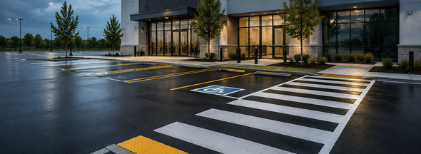 Rainy parking lot with a zebra crossing leading to a lit storefront at dusk