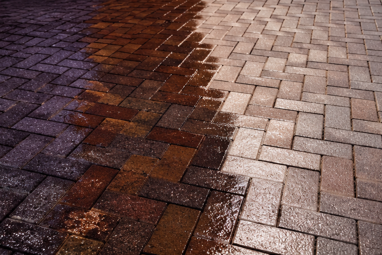 Wet brick pavement with a dark wet streak through the center and a dry light-colored section on the right
