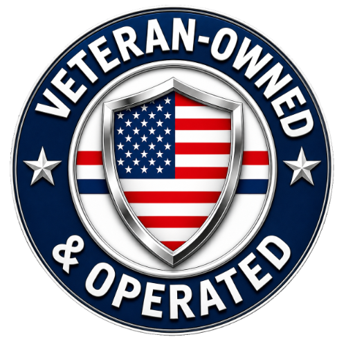 Veteran-owned and operated badge with shield, stars, and red, white, and blue American flag design