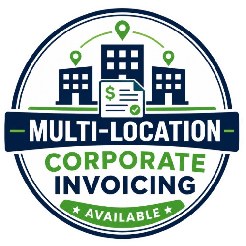Logo for multi-location corporate invoicing, with buildings, invoice icon, and green “available” banner