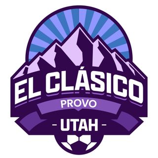 Logo of El Clásico Provo - Utah with stylized purple mountains, a blue sunburst, and soccer ball motifs.