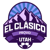 Logo of El Clásico Provo - Utah with stylized purple mountains, a blue sunburst, and soccer ball motifs.