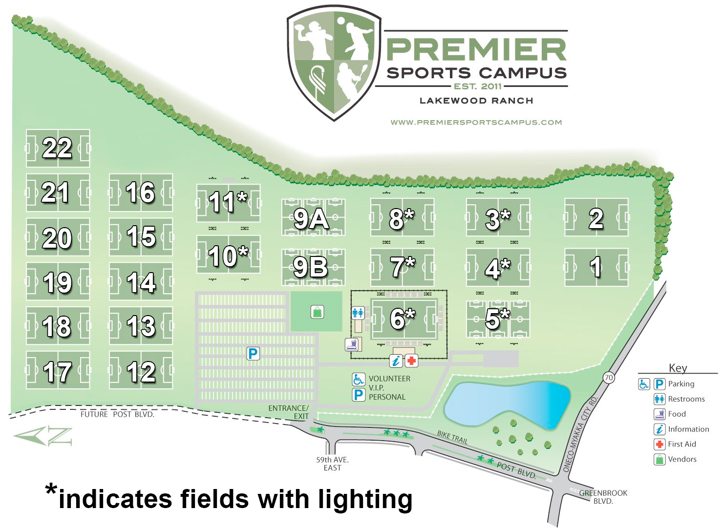 Map of Tampa Sportsplex showing soccer fields, parking areas with color codes, and main roads.